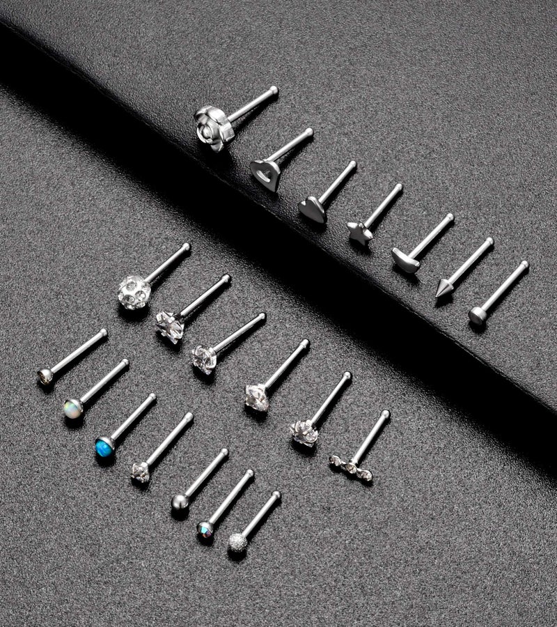 Tornito 20G 20Pcs Nose Ring CZ Nose Stud Retainer Bone Labret Nose Piercing Jewelry Set Stainless Steel Silver Tone - Image 4